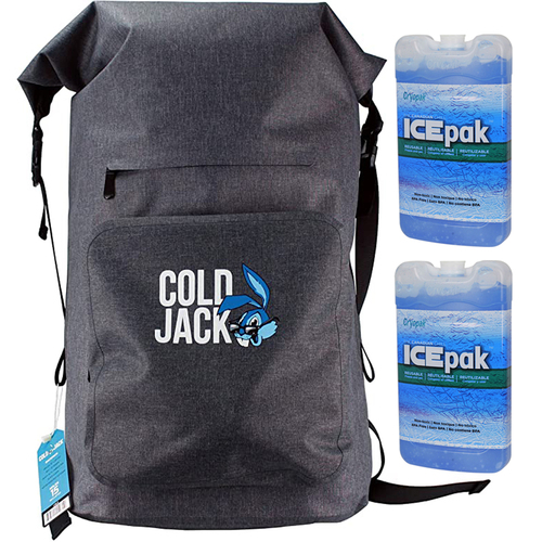 Cold Jack Coolers Waterproof Roll-Top Backpack Grey with 2x Hard Shell Ice Pack
