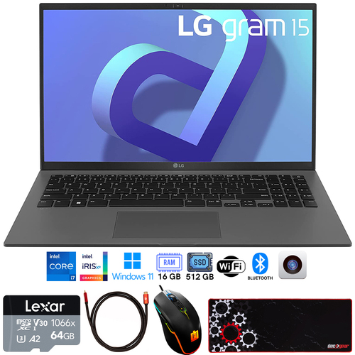 LG gram 15Z90Q 15` Laptop, Intel i7-1260P, 16GB/512GB SSD, Gray +Accessories Bundle
