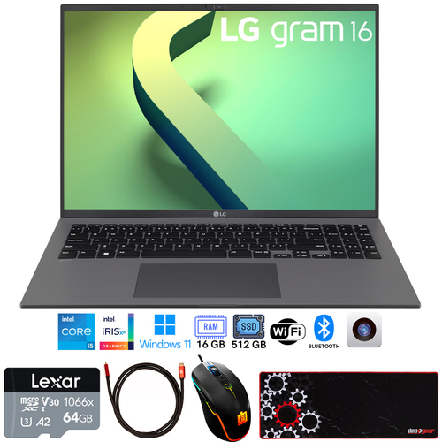 LG gram 16Z90Q 16` Laptop, Intel i5-1240P, 16GB/512GB SSD, Gray +Accessories Bundle