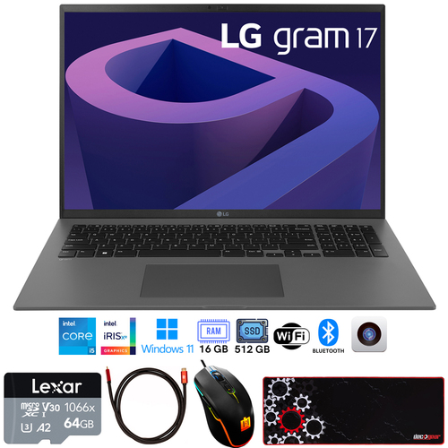 LG gram 17Z90Q 17` Laptop, Intel i5-1240P, 16GB/512GB SSD, Gray +Accessories Bundle