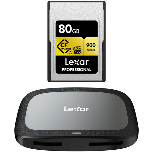 Lexar CFexpress Type A Pro Gold R900/W800 Memory Card, 80GB Bundle with Card Reader