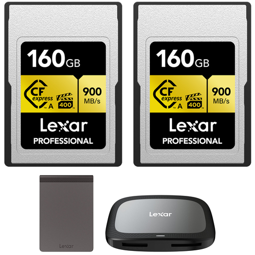 Lexar CFexpress Type A Pro Gold 160GB Memory Card 2-Pack w/Reader & Portable SSD Drive