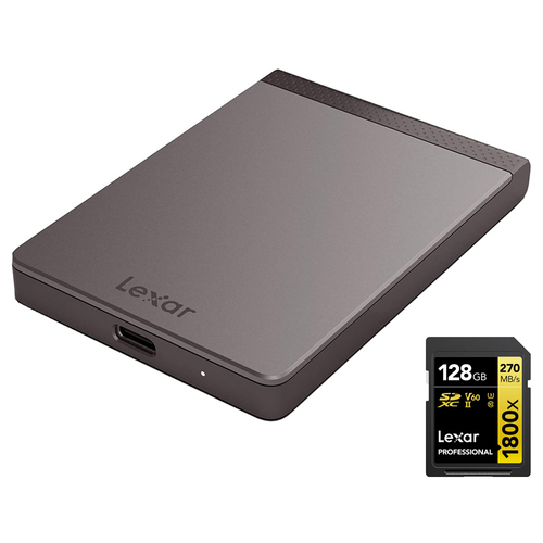 Lexar SL200 512GB Portable SSD, Solid State Drive w/ Lexar 128GB SDXC UHS-II Card