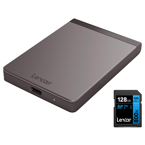 Lexar SL200 512GB Portable SSD, Solid State Drive w/ Lexar 128GB UHS-I SDHC Card