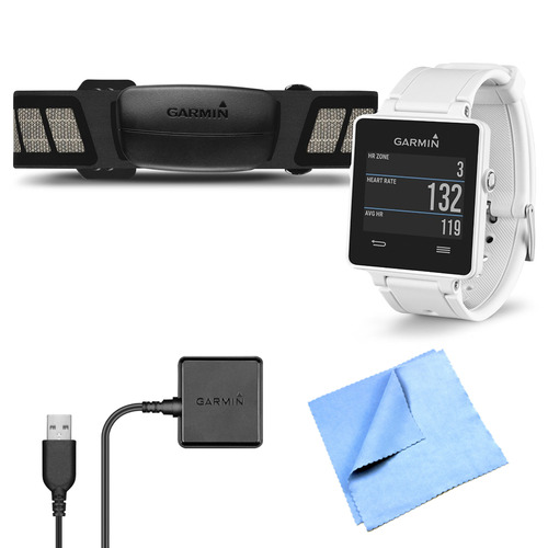 Garmin vivoactive GPS Smartwatch White with Heart Rate Monitor Charging Clip Bundle
