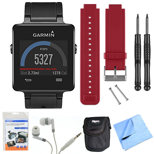 Garmin vivoactive GPS Smartwatch - Black (010-01297-00) Red Replacement Band Bundle