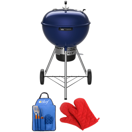 Weber Master-Touch Charcoal Grill, Deep Ocean Blue w/Oven Mitts +BBQ Tool Set Bundle