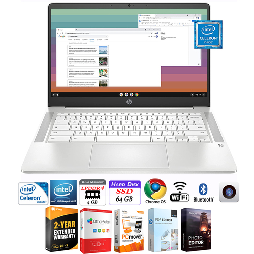 Hewlett Packard Chromebook 14` Touchscreen Laptop, 4/64GB SSD, Ceramic White + Protection Pack