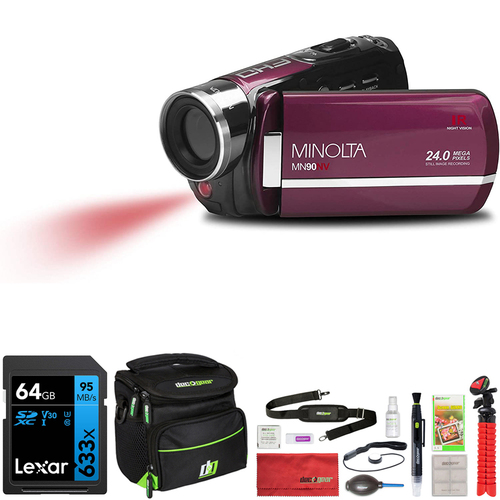 Minolta MN90NV 24MP HD IR Night Vision Camcorder, Maroon w/ Deco Accessory Bundle