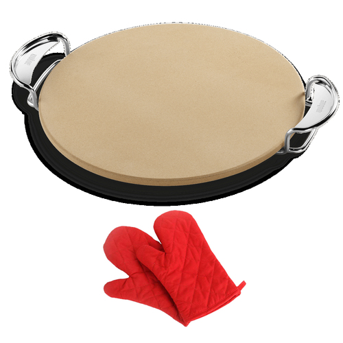 Weber Gourmet BBQ System Pizza Stone with Carry Rack 16.7` + Pair of Oven Mitt