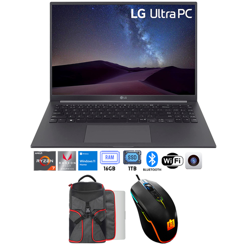 LG UltraPC 16U70Q 16` Laptop, Ryzen 7, 16GB/1TB SSD +Gaming Mouse +Backpack
