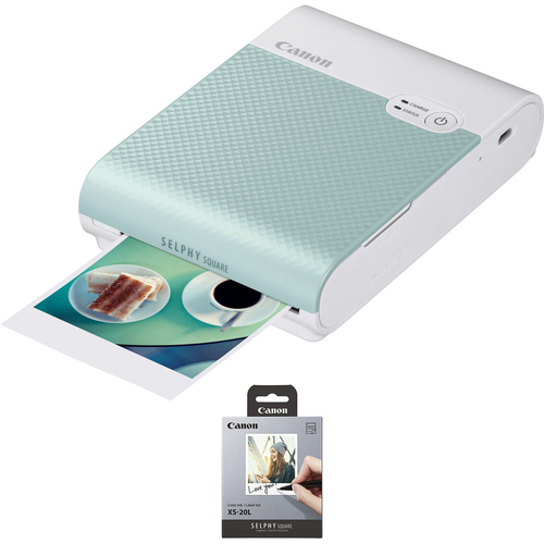 Canon SELPHY Square QX10 Compact Photo Printer, Green w/ Color Ink/Label XS-20L Set
