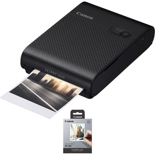 Canon SELPHY Square QX10 Compact Photo Printer, Black w/ Color Ink/Label XS-20L Set