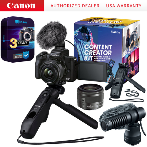 Canon EOS M50 Mark II Camera +15-45mm Lens Content Creator Kit +3 Year Protection Pack