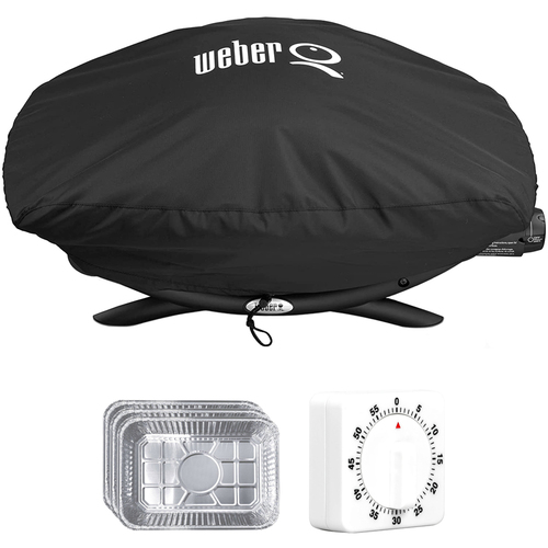 Weber Premium Grill Cover for Q 200/2000 Series Gas Grills + Kitchen Timer + Drip Pans