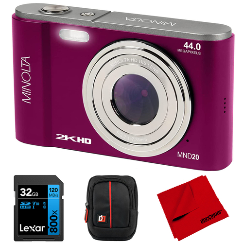 Minolta MND20 44 MP 2.7K Ultra HD Digital Camera, Magenta w/ Accessories Bundle