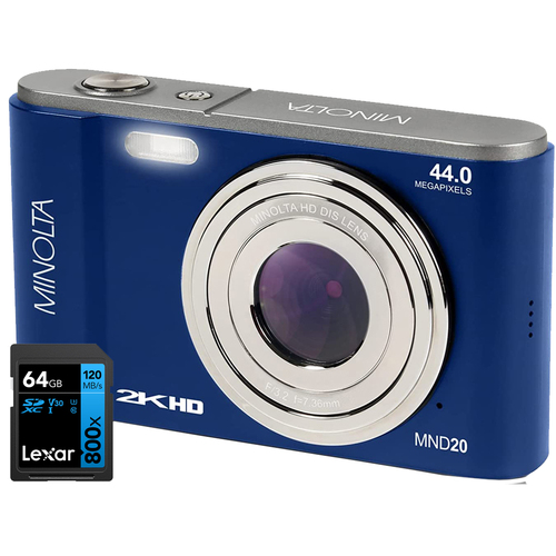 Minolta 44 MP / 2.7K Ultra HD Digital Camera Blue with Lexar 64GB Memory Card