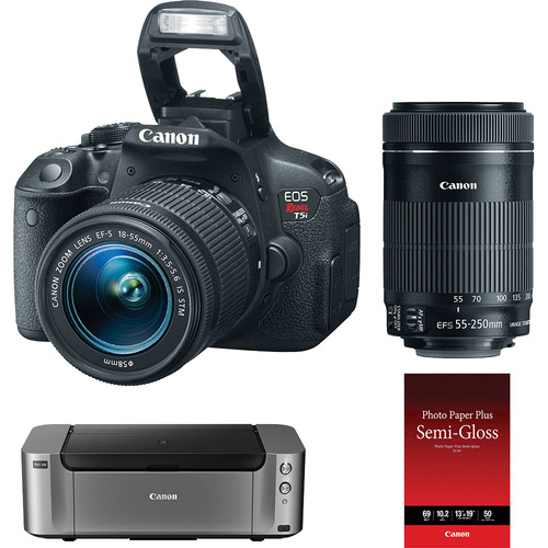 Canon EOS Rebel T5i DSLR w/  18-55 & 55-250 STM Lenses + Pro 100 Printer & Paper