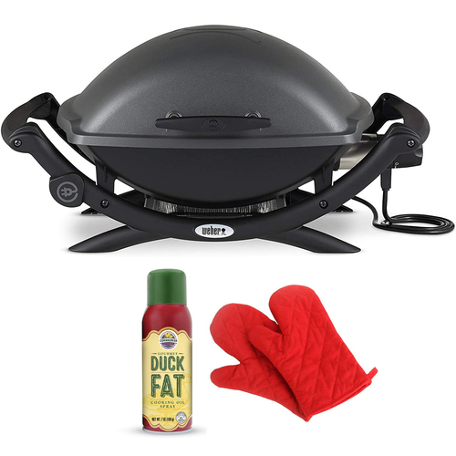 Weber Q 2400 Electric Grill Black with Cooking Oil and Oven Mitt Pair