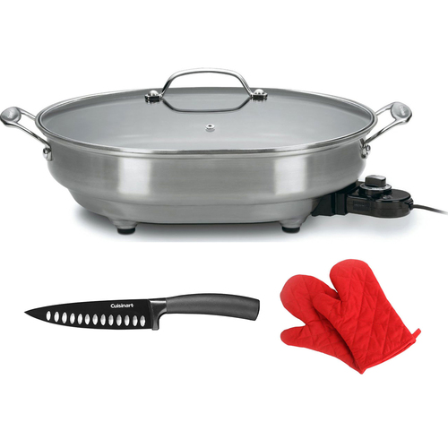 Cuisinart 1500W Nonstick Electric Skillet Brushed Stainless with Knife Bundle