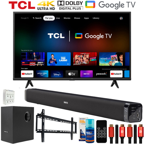TCL 43` Class 4-Series 4K UHD HDR Smart Google TV with Deco Gear Home Theater Bundle