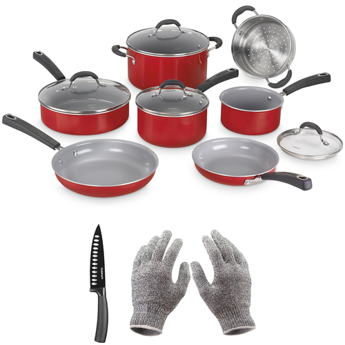 Cuisinart 11pc Set Ceramica XT Nonstick Cookware Set, Red + Chef's Knife + Gloves