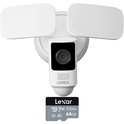 Lorex 2K Wired Floodlight Security Camera White with Lexar 64GB Memory Card