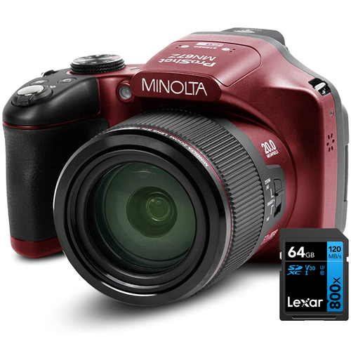 Minolta 20 MP/1080p HD Bridge Digital Camera w/67x Optical Zoom Red + 64GB Card