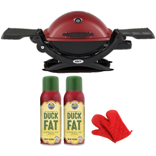 Weber Q1200 Liquid Propane Portable Grill Red with 2x Cooking Oil and Oven Mitt