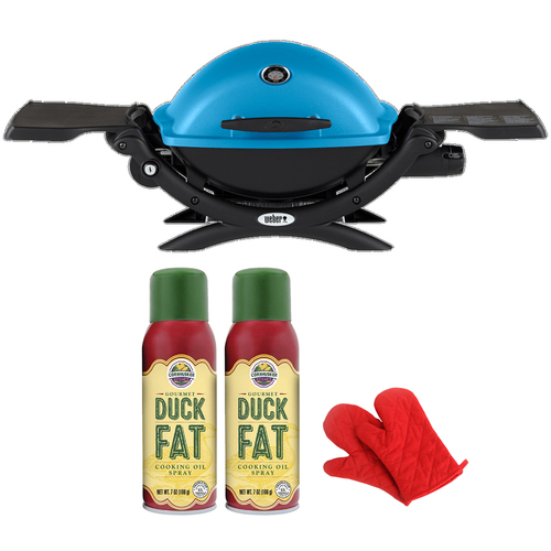Weber Q1200 Liquid Propane Portable Grill Blue with 2x Cooking Oil and Oven Mitt