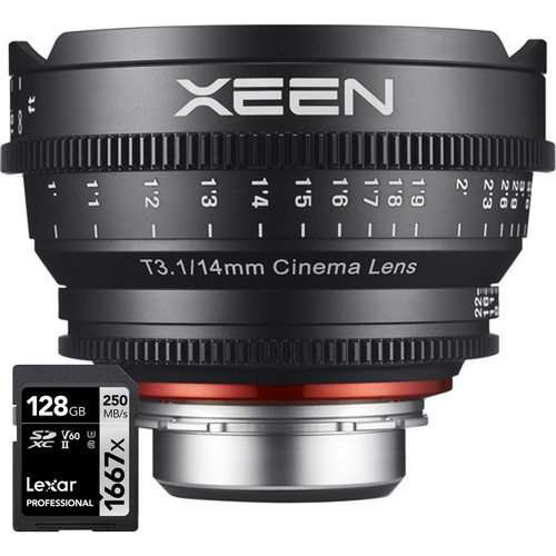 Rokinon XEEN 14mm T3.1 Professional Cine Lens for Canon EF Mount with 128GB Card