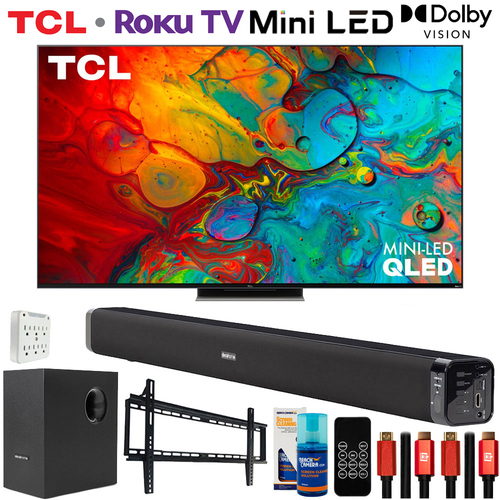 TCL 65` 4K Mini-LED UHD QLED HDR Smart Roku TV with Deco Gear Home Theater Bundle