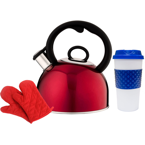 Cuisinart Aura 2-Quart Tea Kettle Metallic Red + Oven Mitt Pair and Travel Mug