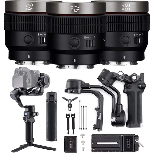 ROKINON Cine AF 3 Lens Kit 24mm T1.9, 35mm T1.9, 75mm T1.9 for Sony E + DJI RSC 2 Gimbal