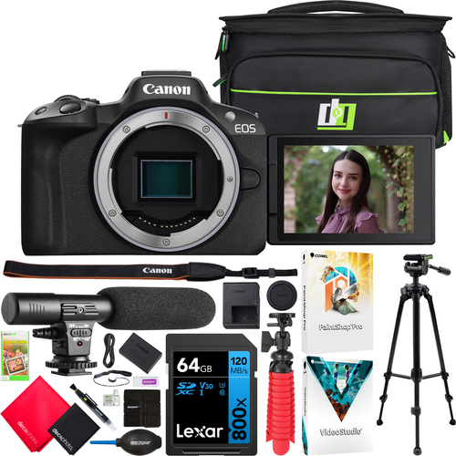 Canon EOS R50 Mirrorless Camera Body Black + Microphone & Tripod Accessories Bundle