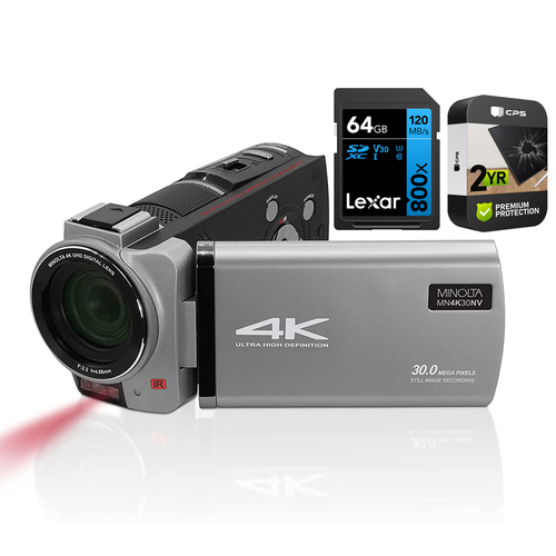 Minolta 4K UHD 30MP Night Vision Camcorder Metal + 64GB Card and 2 Year Warranty