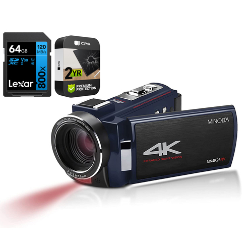 Minolta 4K UHD 30 MP Night Vision Camcorder Blue + 64GB Card and 2 Year Warranty