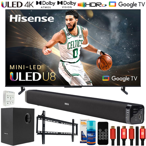 Hisense 75` U8 Series 4K Mini-LED ULED Google TV with Deco Gear Home Theater Bundle