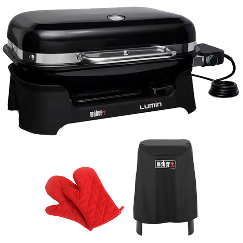 Weber Lumin Electric Indoor/Outdoor Grill, Black w/ Cover + Pair of Oven Mitt