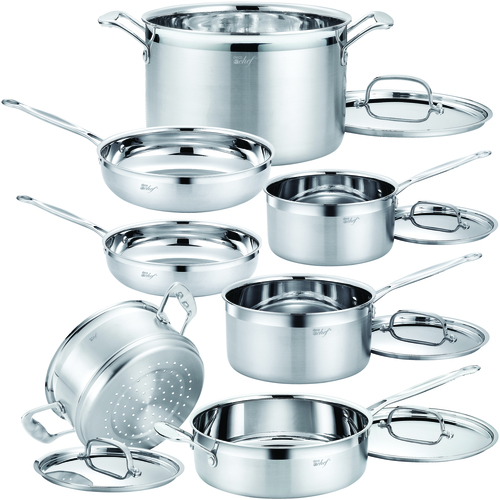 Stainless Steel Cookware 12 Piece Starter Set, Tri-Ply Core, Riveted Handles
