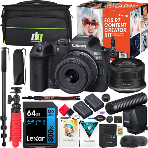 Canon EOS R7 Mirrorless Camera Content Creator Kit w/ 18-45mm IS STM Lens + Mic Bundle