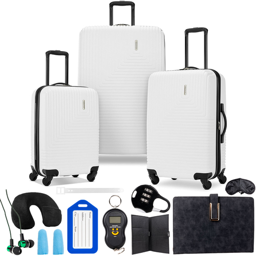 American Tourister Groove Expandable Spinner Suitcase Set White + Travel Bundle