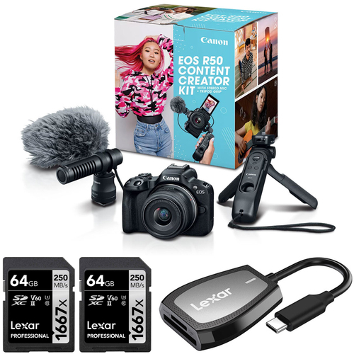 Canon EOS R50 Mirrorless Camera Content Creator Kit + 2x 64GB Card + Card Reader