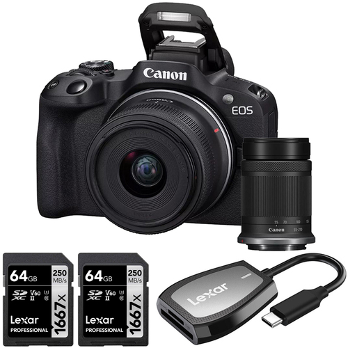 Canon EOS R50 Mirrorless Camera + 18-45mm + 55-210mm Lens + 2x 64GB Card + Card Reader