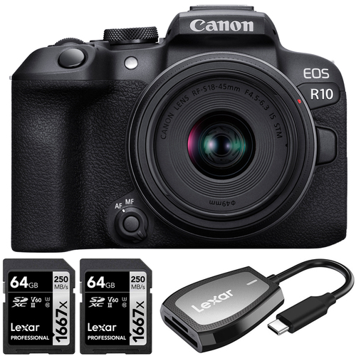 Canon EOS R10 Mirrorless Camera w/ RF-S 18-45MM Lens + 2x 64GB Card + Card Reader