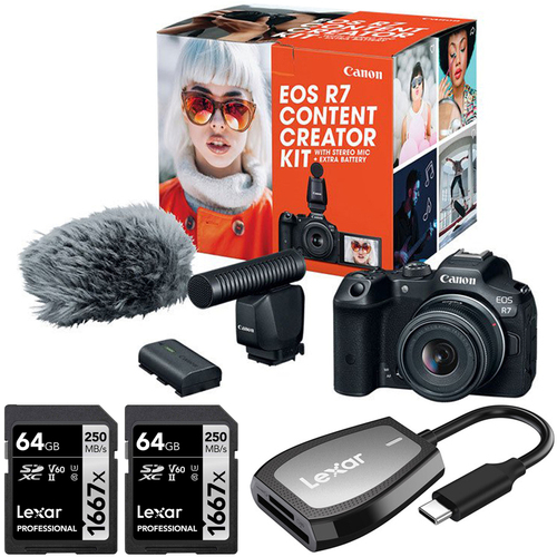 Canon EOS R7 Mirrorless Camera Content Creator Kit + 2x 64GB Card + Card Reader