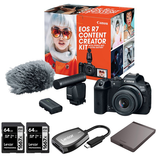 Canon EOS R7 Camera Content Creator Kit + 1TB Portable SSD + 2x 64GB Card + Reader