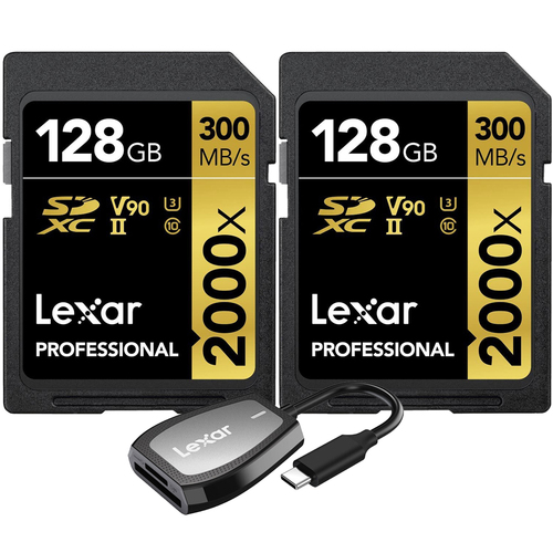 Lexar Professional 128GB 2000x UHS-II SDXC Memory Card 2 Pack + Dual-Slot Reader