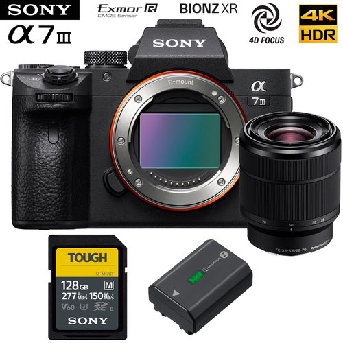 Sony a7 III Mirrorless Full Frame Camera + 28-70mm Lens Kit with 128GB Battery Bundle