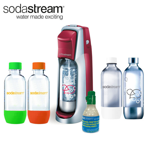 SodaStream Fountain Jet Soda Maker in Red with Exclusive Kit w/ 4 Bottles & Starter CO2